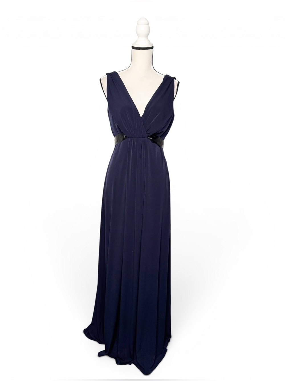 Amsale Navy Blue Sleeveless Deep V Neckline With Ribbon Long Gown Size 12